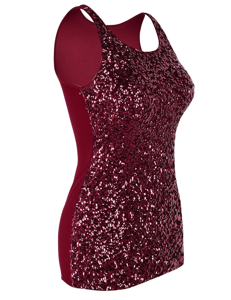 PrettyGuide Women Shimmer Glam Sequin Embellished Sparkle Tank Top Vest Tops XL Burgundy - Image 5